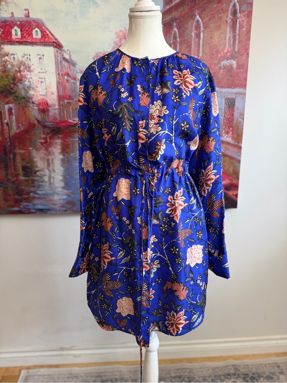 Diane Von Furstenberg Royal Blue Floral Long Sleeve Drawstring Silk Dress
